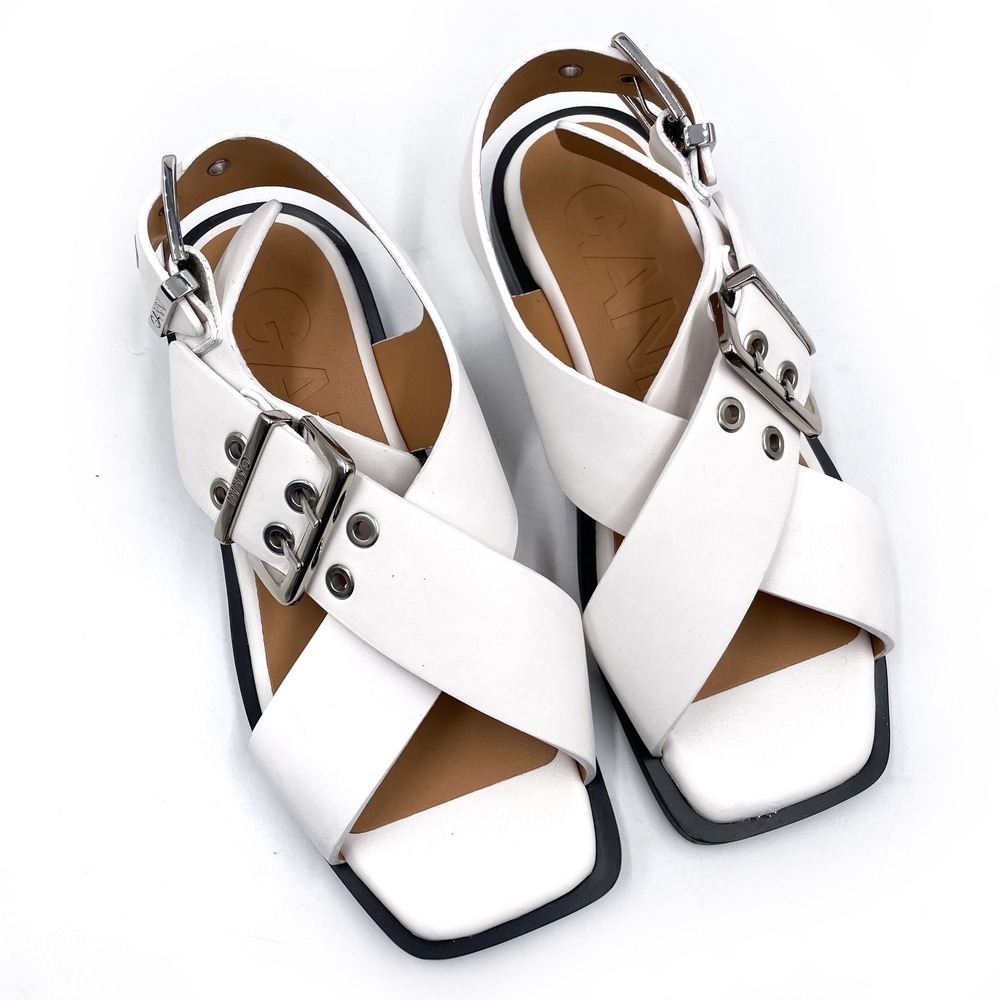 Ganni White Leather Criss Cross Sandals Square Toe Buckle Slingback Sz 37‎ / 7